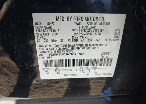 2022 Ford Explorer Platinum z USA, uszkodzony, nr VIN 1FM5K8HC1NGC46787